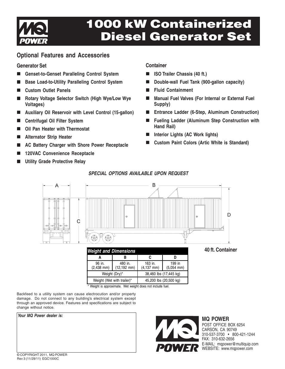 1000 kw containerized diesel generator set, Optional features and accessories | Multiquip MQ Power 1000 kW Containerized Diesel Generator Set EGC1000C User Manual | Page 4 / 4