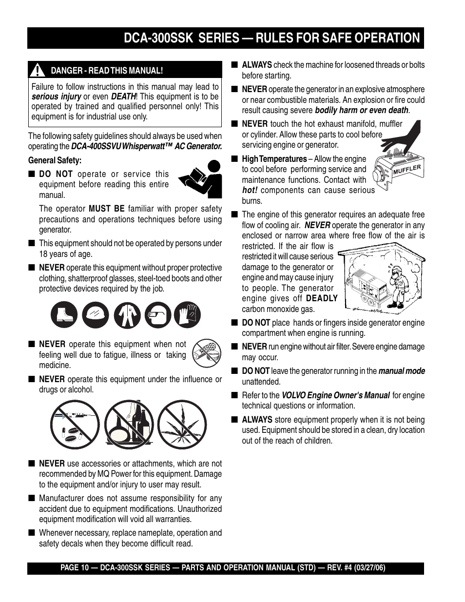 Dca-300ssk series — rules for safe operation | Multiquip MQPower Whisperwatt Series DCA-300SSK User Manual | Page 10 / 122