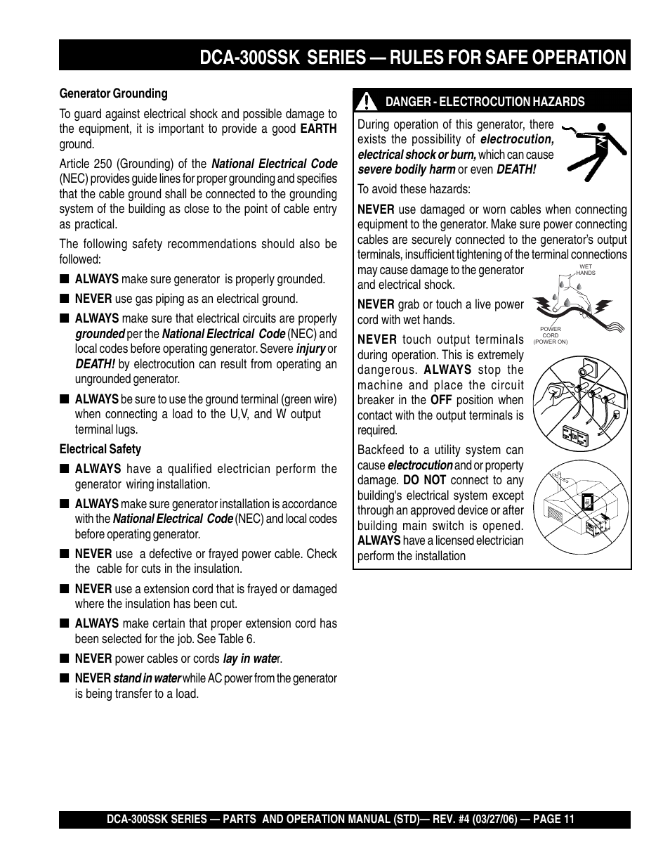 Dca-300ssk series — rules for safe operation | Multiquip MQPower Whisperwatt Series DCA-300SSK User Manual | Page 11 / 122