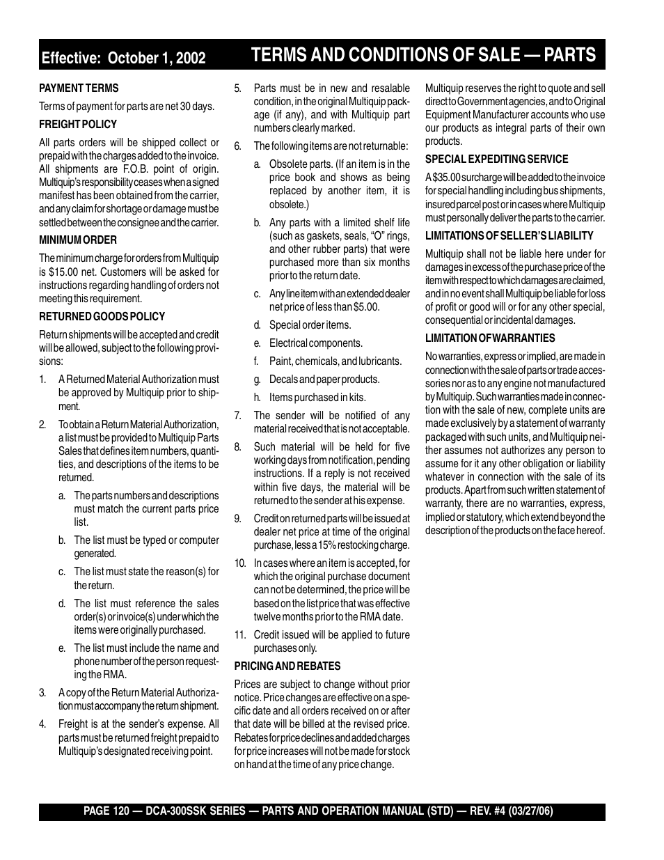 Terms and conditions of sale — parts | Multiquip MQPower Whisperwatt Series DCA-300SSK User Manual | Page 120 / 122