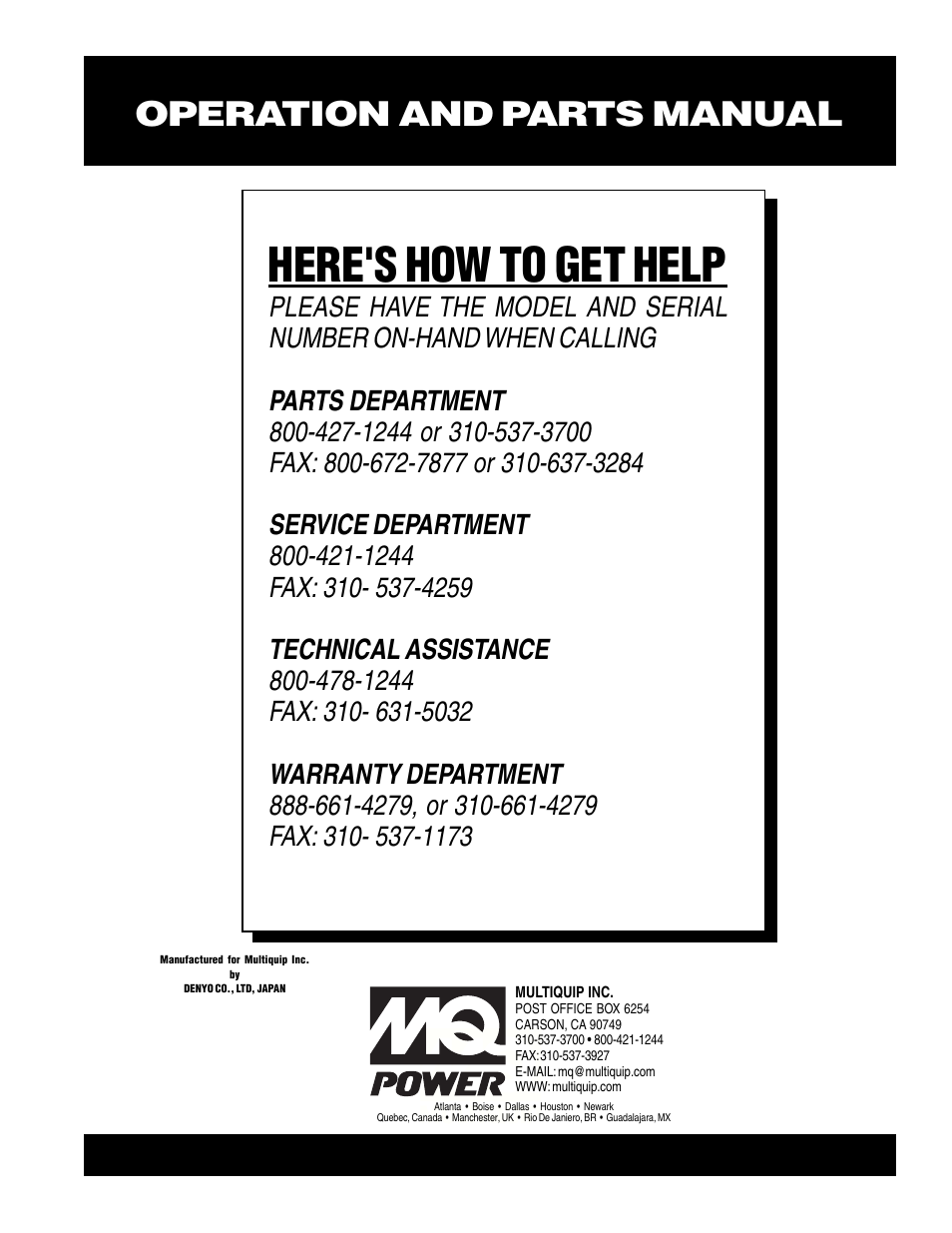 Here's how to get help, Operation and parts manual | Multiquip MQPower Whisperwatt Series DCA-300SSK User Manual | Page 122 / 122