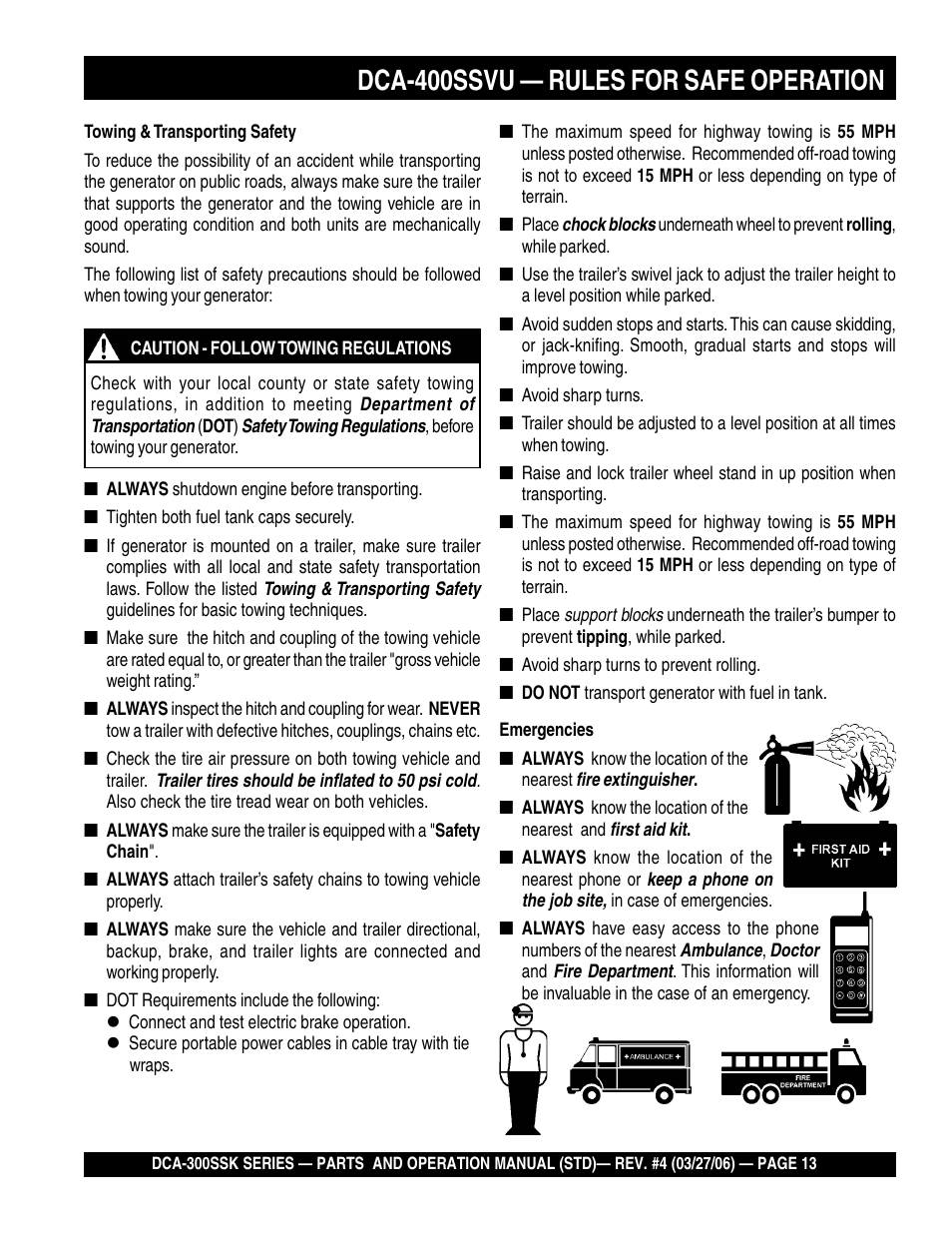 Dca-400ssvu — rules for safe operation | Multiquip MQPower Whisperwatt Series DCA-300SSK User Manual | Page 13 / 122