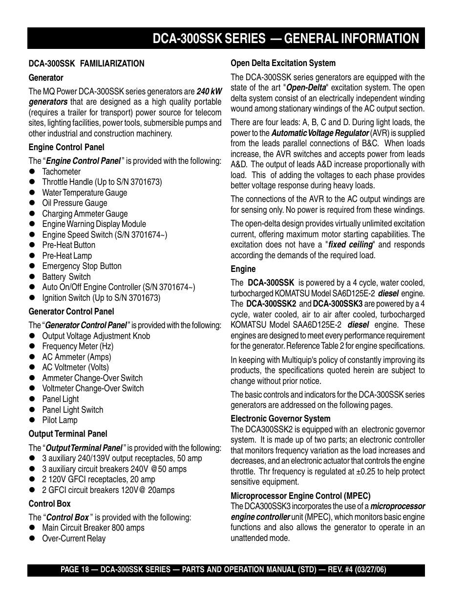 Dca-300ssk series — general information | Multiquip MQPower Whisperwatt Series DCA-300SSK User Manual | Page 18 / 122