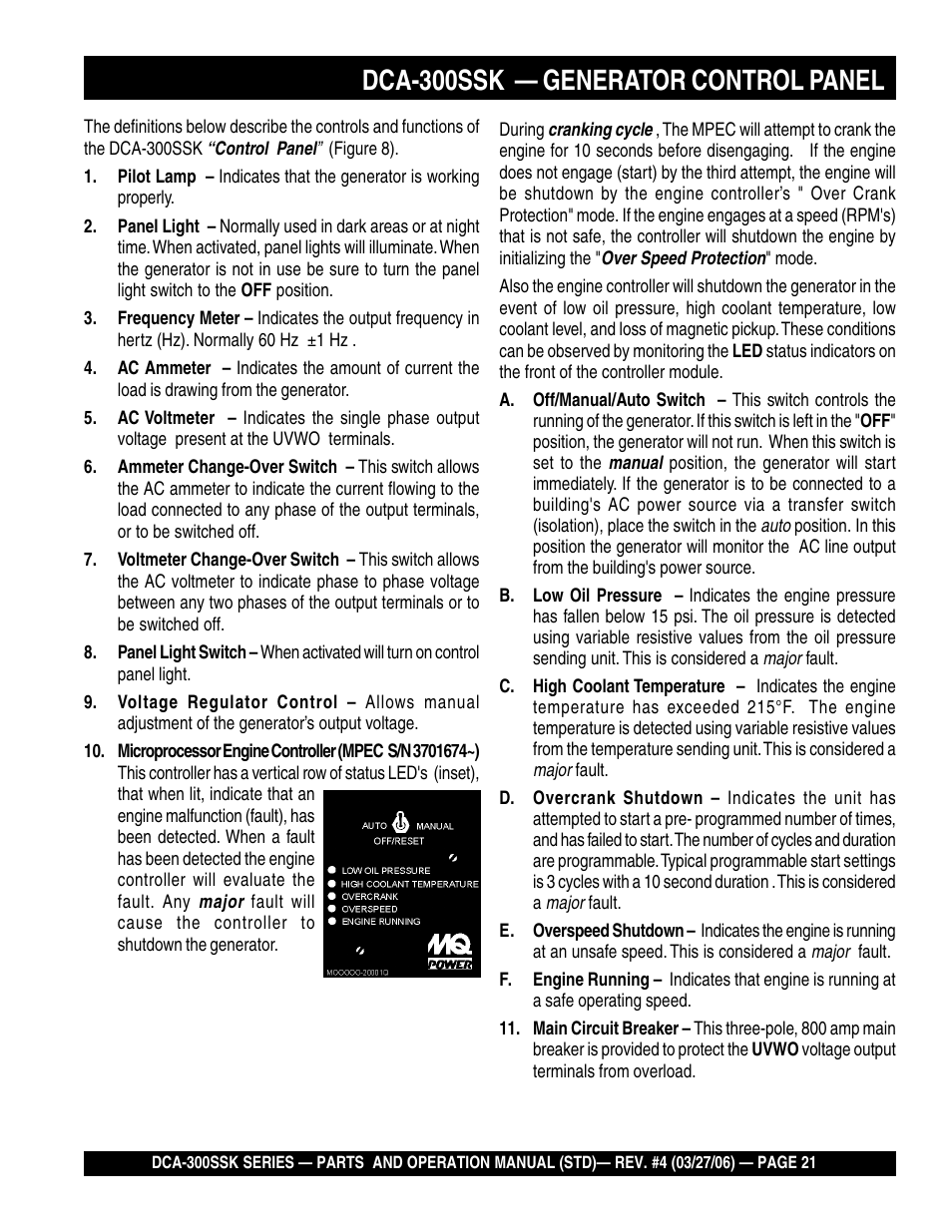 Dca-300ssk — generator control panel | Multiquip MQPower Whisperwatt Series DCA-300SSK User Manual | Page 21 / 122