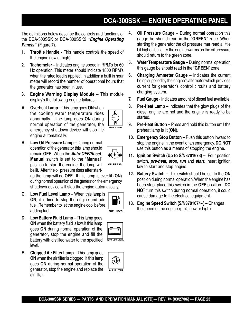 Dca-300ssk — engine operating panel | Multiquip MQPower Whisperwatt Series DCA-300SSK User Manual | Page 23 / 122