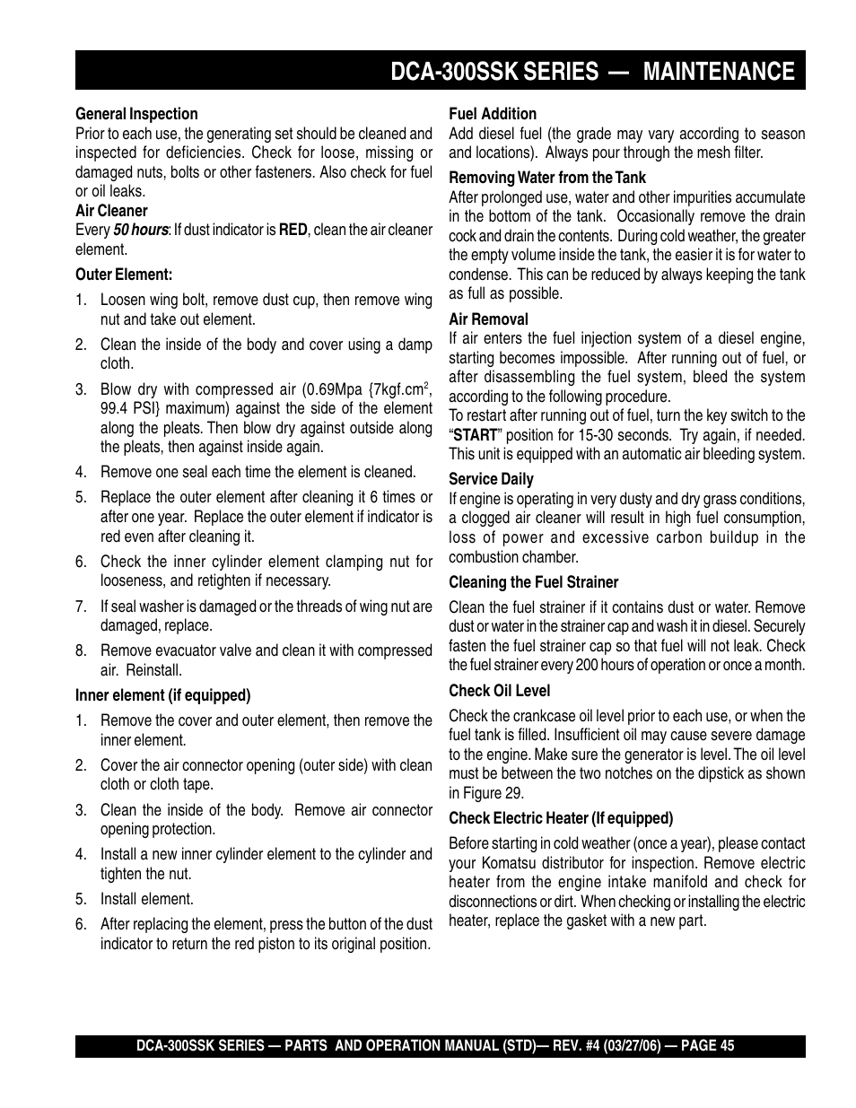 Dca-300ssk series — maintenance | Multiquip MQPower Whisperwatt Series DCA-300SSK User Manual | Page 45 / 122