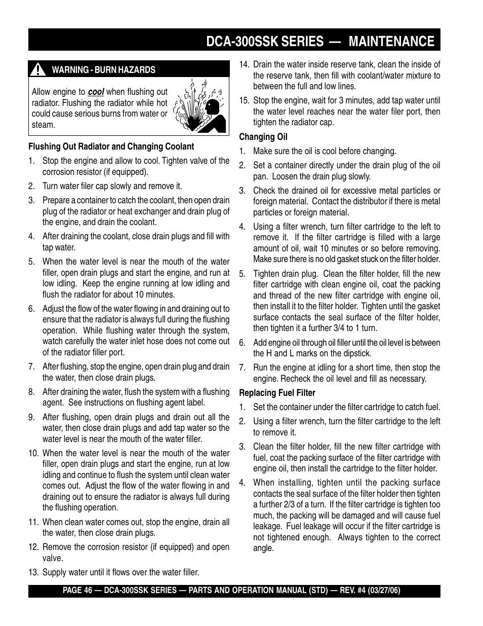 Dca-300ssk series — maintenance | Multiquip MQPower Whisperwatt Series DCA-300SSK User Manual | Page 46 / 122