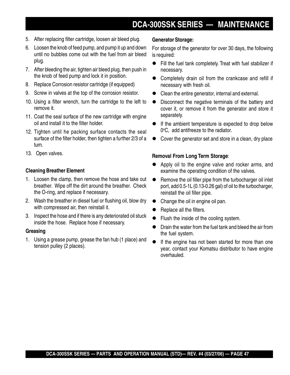 Dca-300ssk series — maintenance | Multiquip MQPower Whisperwatt Series DCA-300SSK User Manual | Page 47 / 122