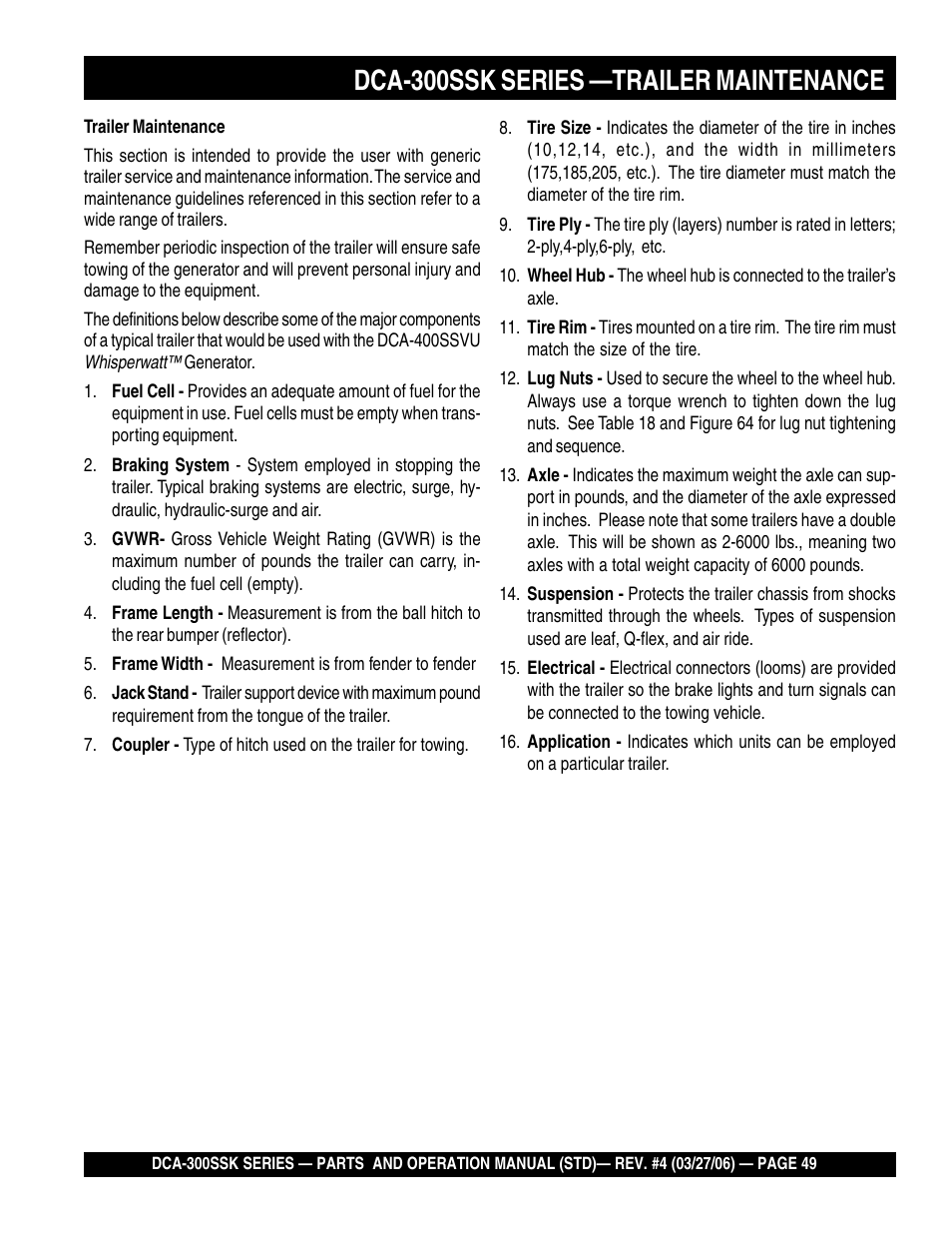 Dca-300ssk series —trailer maintenance | Multiquip MQPower Whisperwatt Series DCA-300SSK User Manual | Page 49 / 122