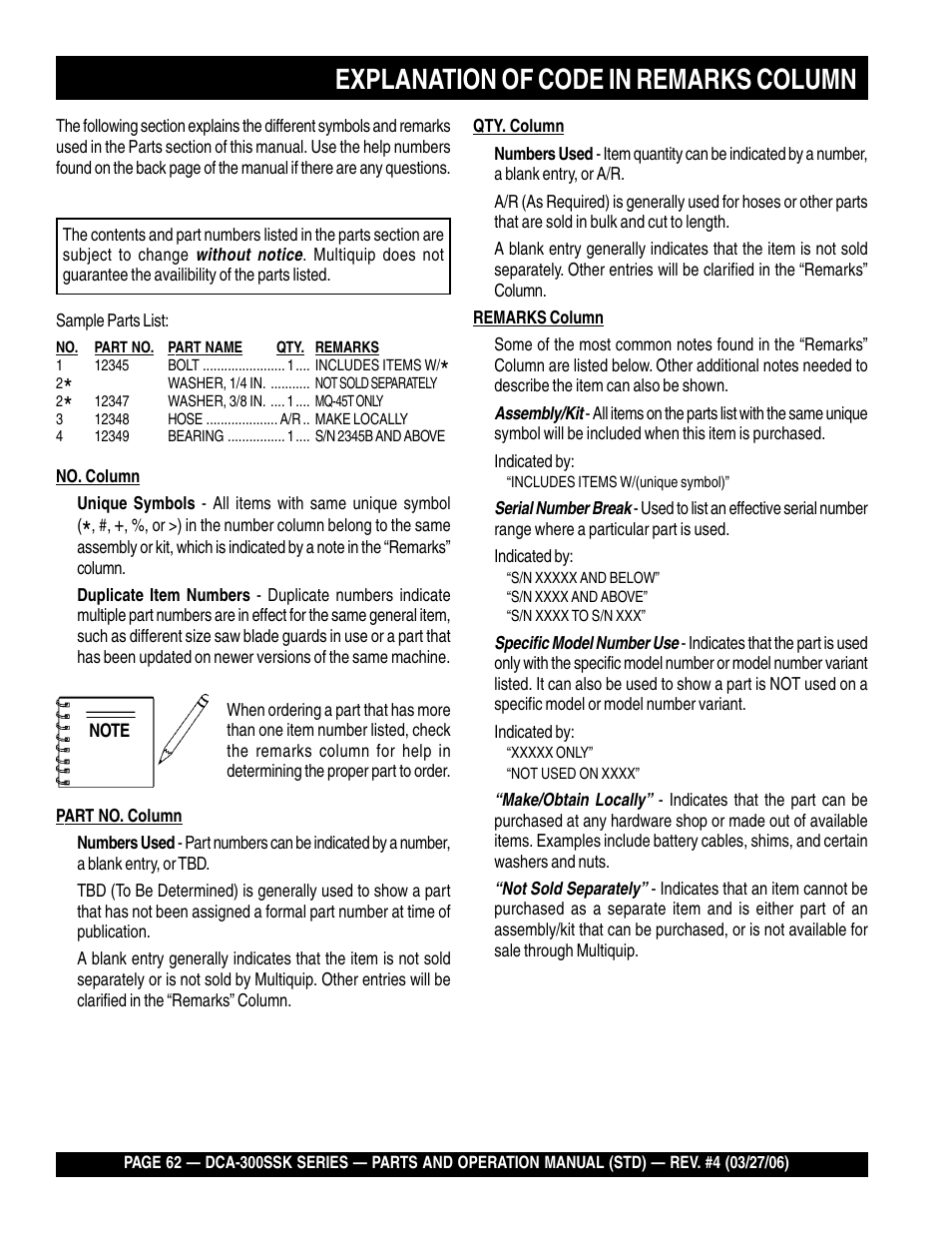 Explanation of code in remarks column | Multiquip MQPower Whisperwatt Series DCA-300SSK User Manual | Page 62 / 122