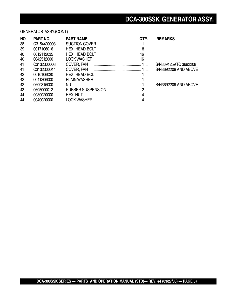 Dca-300ssk generator assy | Multiquip MQPower Whisperwatt Series DCA-300SSK User Manual | Page 67 / 122