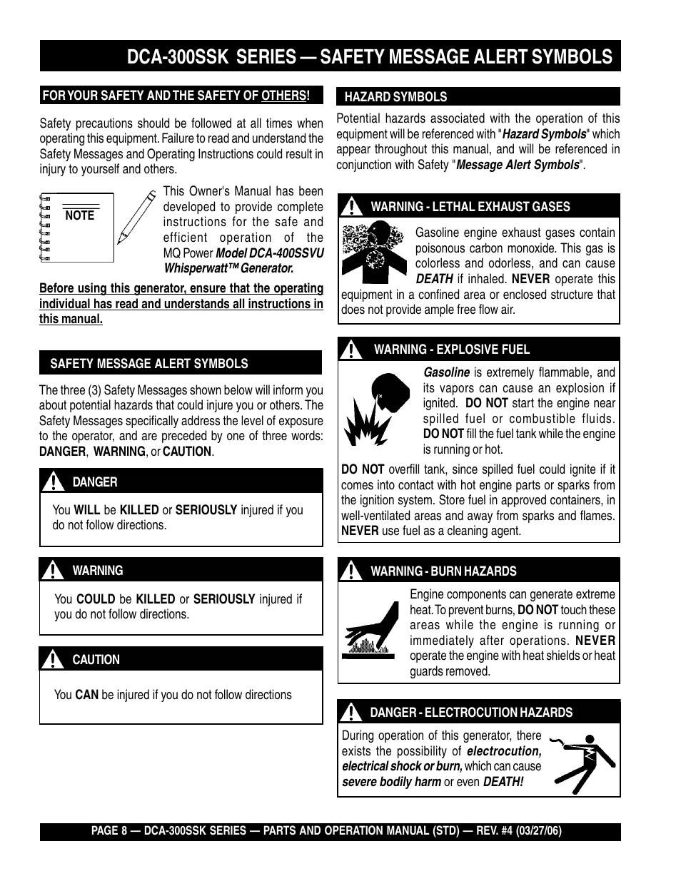 Dca-300ssk series — safety message alert symbols | Multiquip MQPower Whisperwatt Series DCA-300SSK User Manual | Page 8 / 122