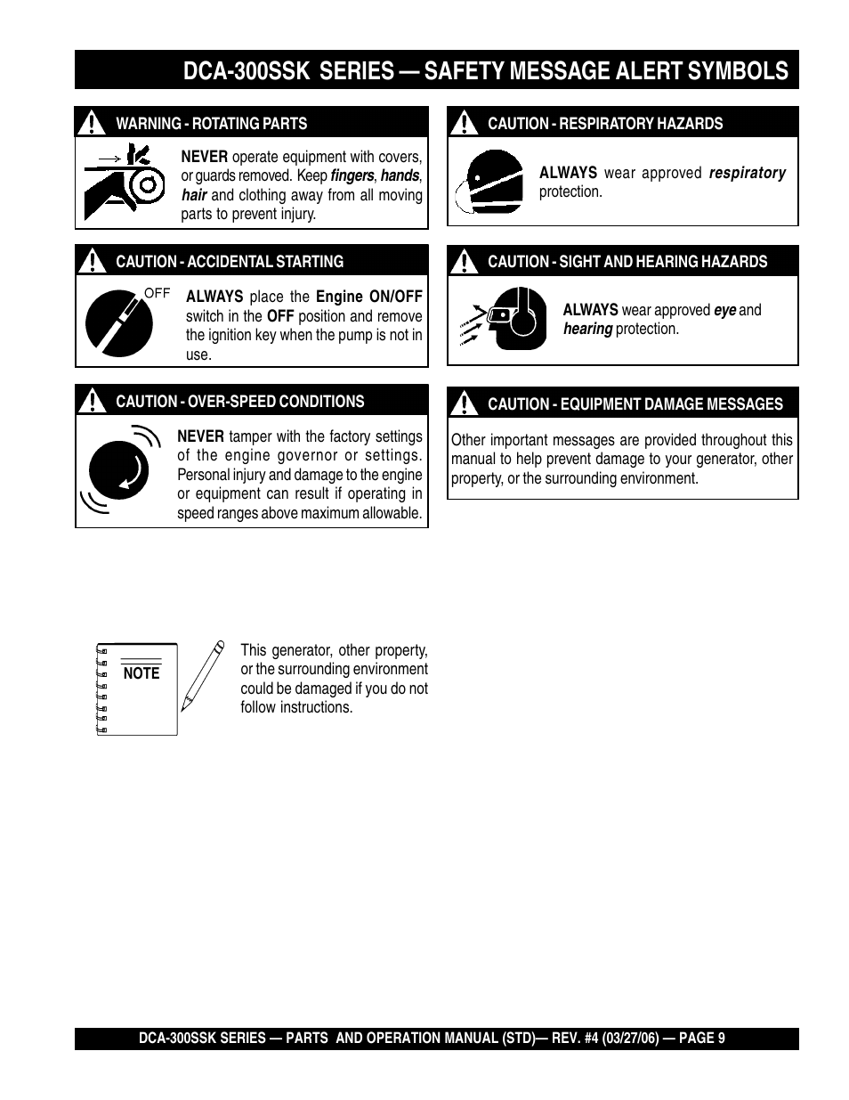 Dca-300ssk series — safety message alert symbols | Multiquip MQPower Whisperwatt Series DCA-300SSK User Manual | Page 9 / 122