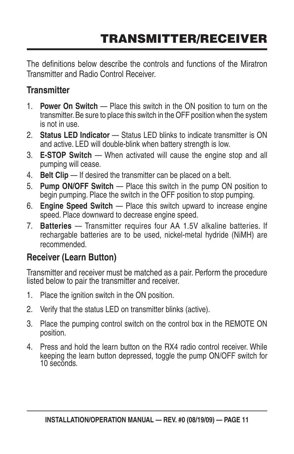 Transmitter/receiver | Multiquip Mayco Miratron Wireless Remote Control Radio C30HDG User Manual | Page 11 / 16