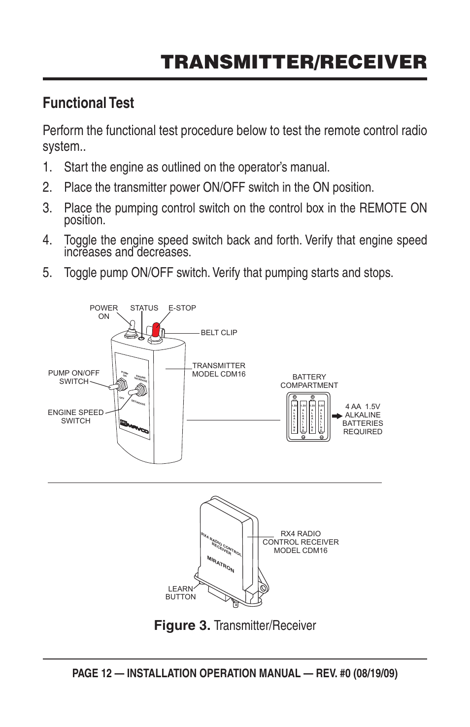 Transmitter/receiver, Functional test, Transmitter/receiver figure 3 | Multiquip Mayco Miratron Wireless Remote Control Radio C30HDG User Manual | Page 12 / 16