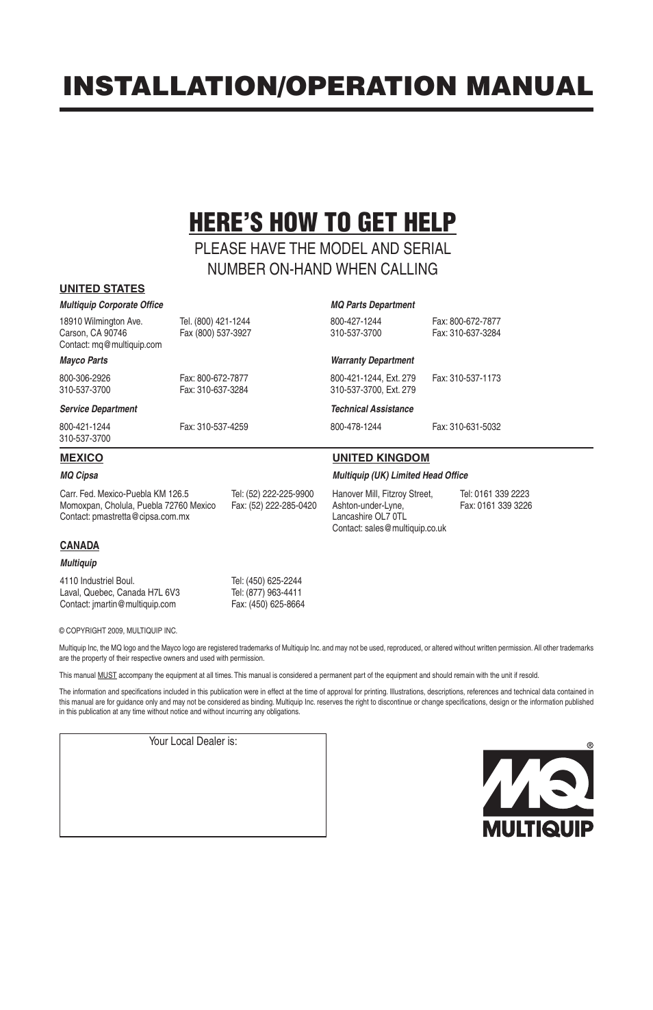 Installation/operation manual, Here’s how to get help | Multiquip Mayco Miratron Wireless Remote Control Radio C30HDG User Manual | Page 16 / 16