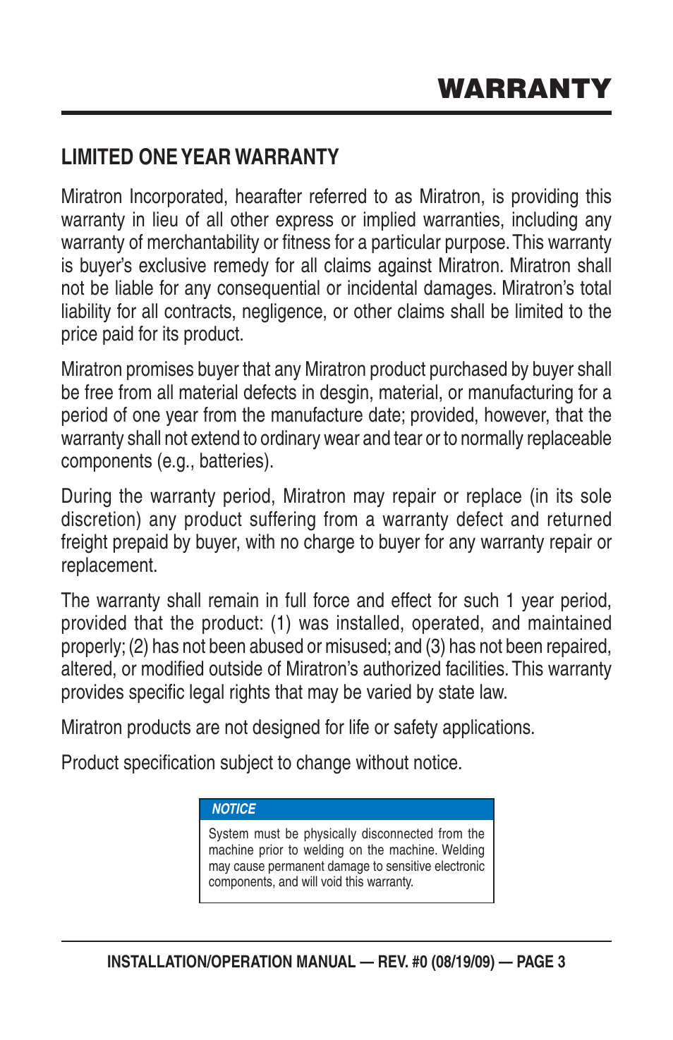 Warranty, Limited one year warranty | Multiquip Mayco Miratron Wireless Remote Control Radio C30HDG User Manual | Page 3 / 16