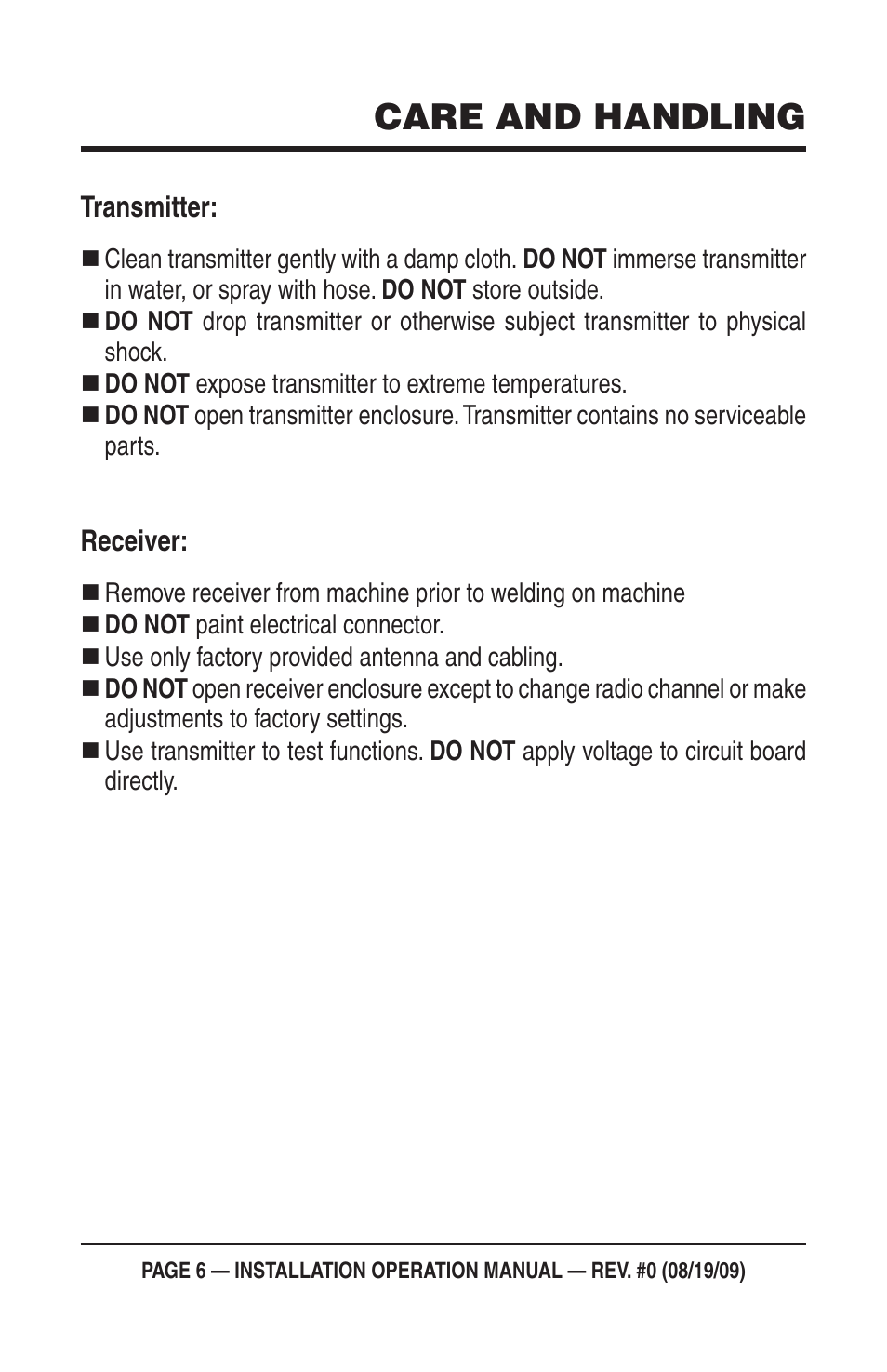 Care and handling | Multiquip Mayco Miratron Wireless Remote Control Radio C30HDG User Manual | Page 6 / 16
