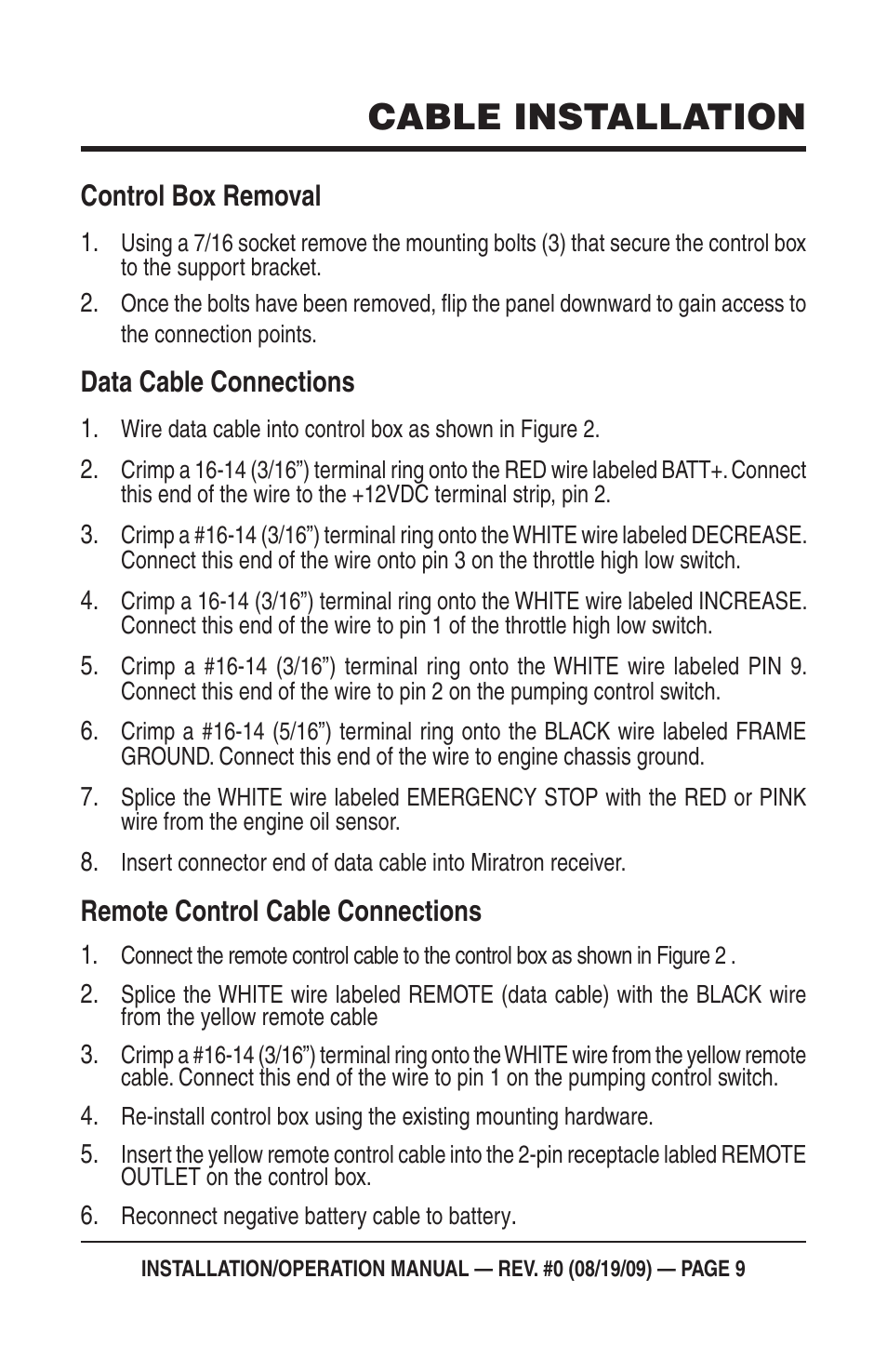 Cable installation, Control box removal, Data cable connections | Remote control cable connections | Multiquip Mayco Miratron Wireless Remote Control Radio C30HDG User Manual | Page 9 / 16