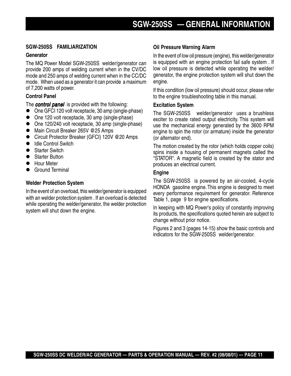 Sgw-250ss — general information | Multiquip MQ Power Whisperweld DC Welder/AC Generator SGW-250SS User Manual | Page 11 / 92