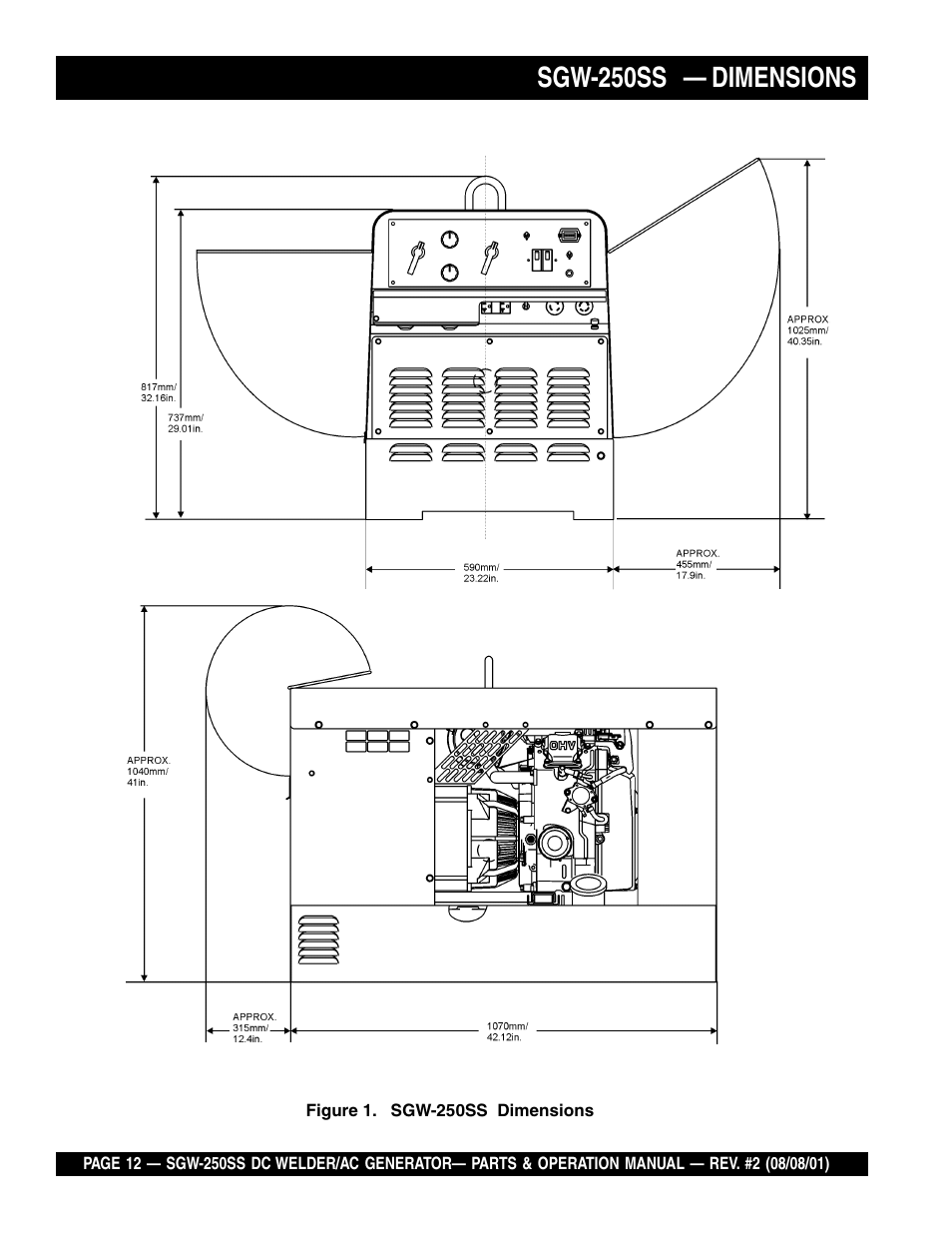 Sgw-250ss — dimensions | Multiquip MQ Power Whisperweld DC Welder/AC Generator SGW-250SS User Manual | Page 12 / 92