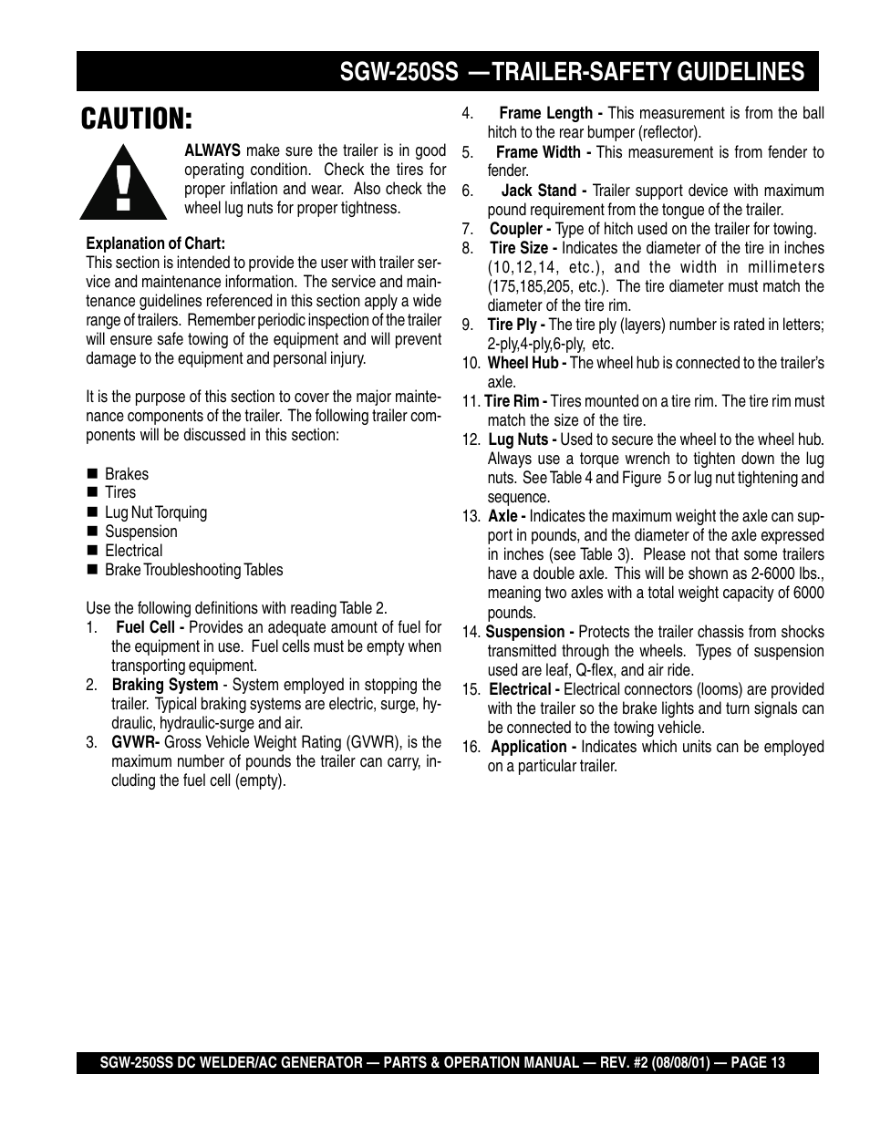Caution, Sgw-250ss — trailer-safety guidelines | Multiquip MQ Power Whisperweld DC Welder/AC Generator SGW-250SS User Manual | Page 13 / 92