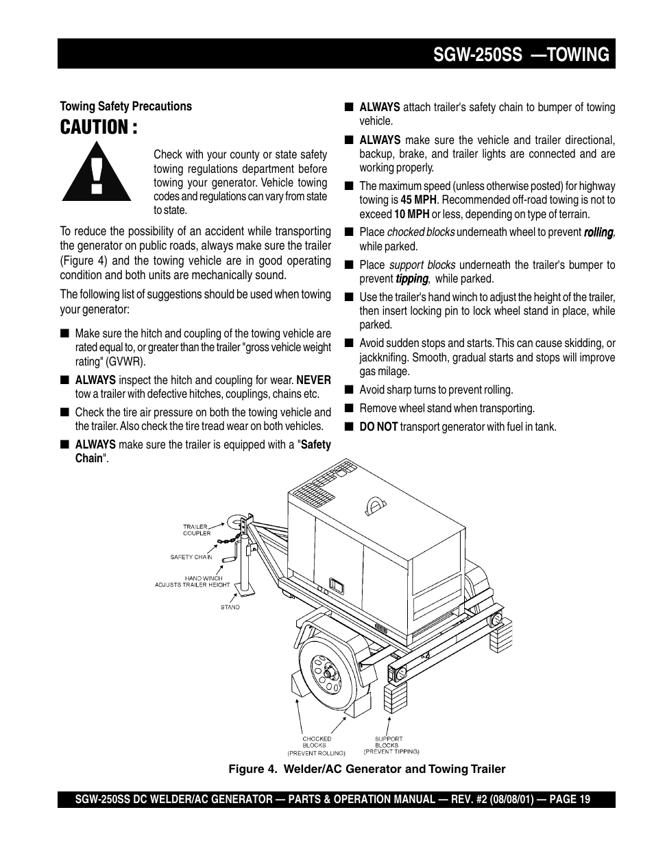 Sgw-250ss —towing, Caution | Multiquip MQ Power Whisperweld DC Welder/AC Generator SGW-250SS User Manual | Page 19 / 92