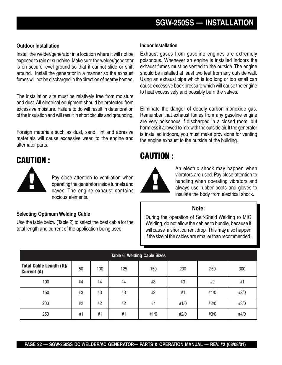Sgw-250ss — installation, Caution | Multiquip MQ Power Whisperweld DC Welder/AC Generator SGW-250SS User Manual | Page 22 / 92