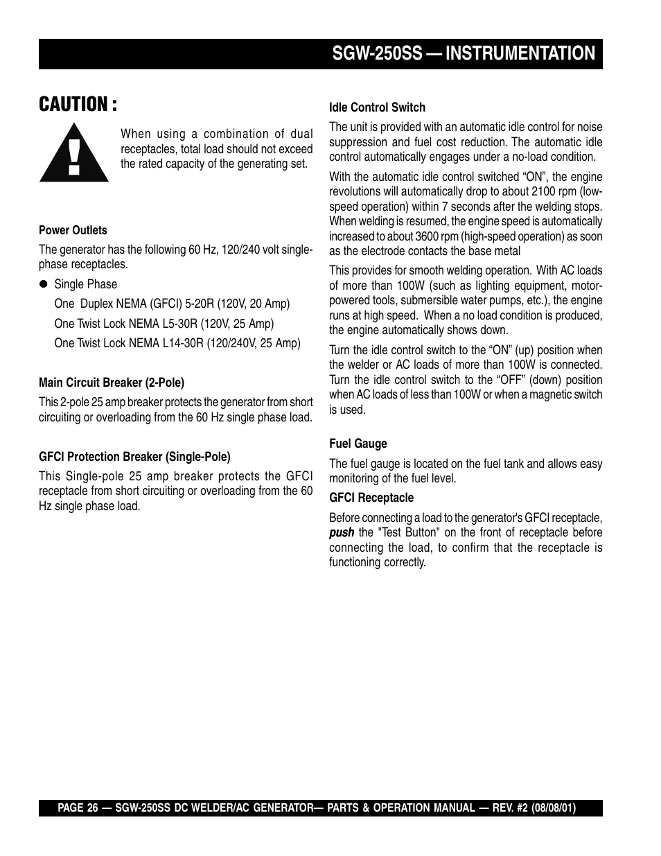 Sgw-250ss — instrumentation, Caution | Multiquip MQ Power Whisperweld DC Welder/AC Generator SGW-250SS User Manual | Page 26 / 92