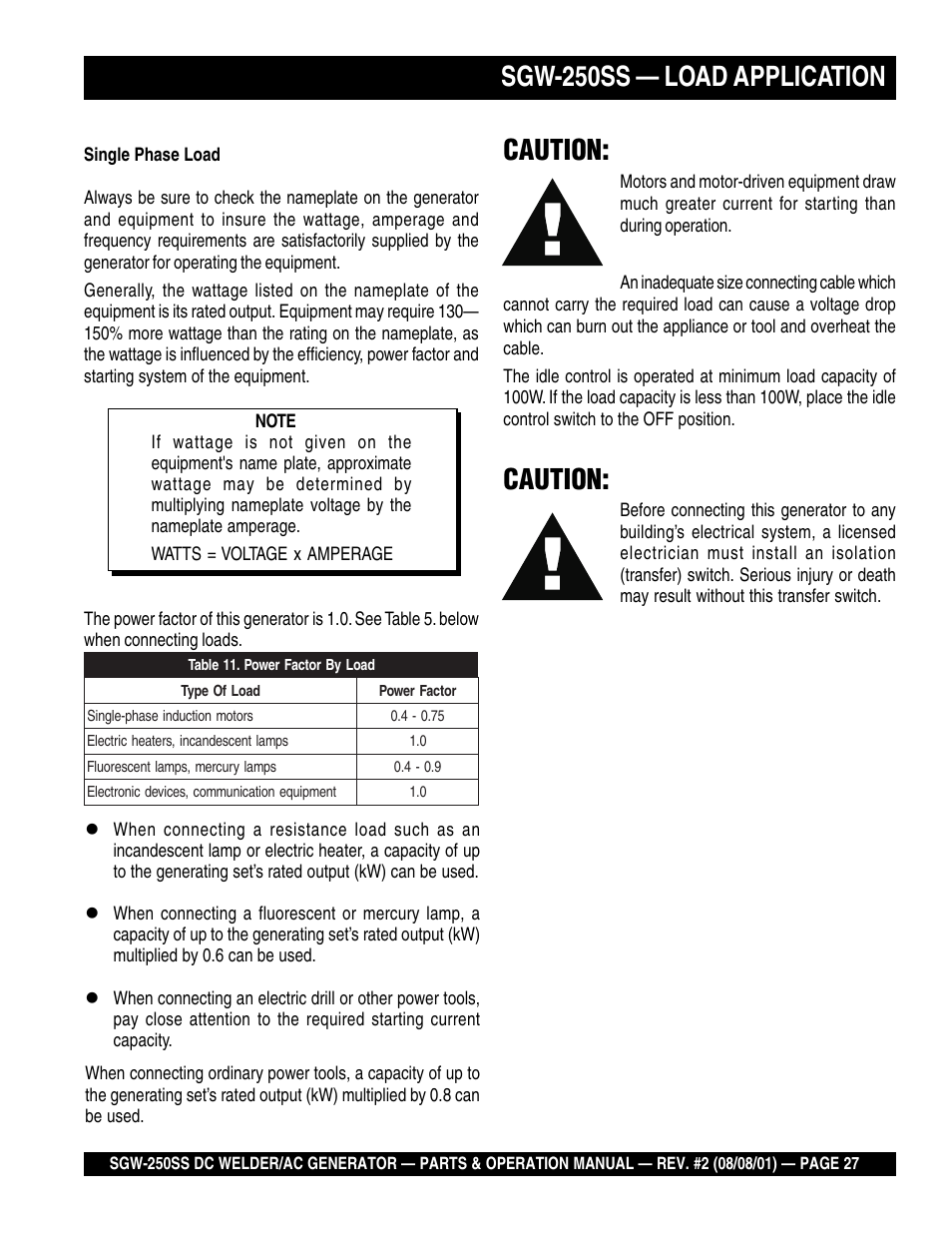 Sgw-250ss — load application, Caution | Multiquip MQ Power Whisperweld DC Welder/AC Generator SGW-250SS User Manual | Page 27 / 92