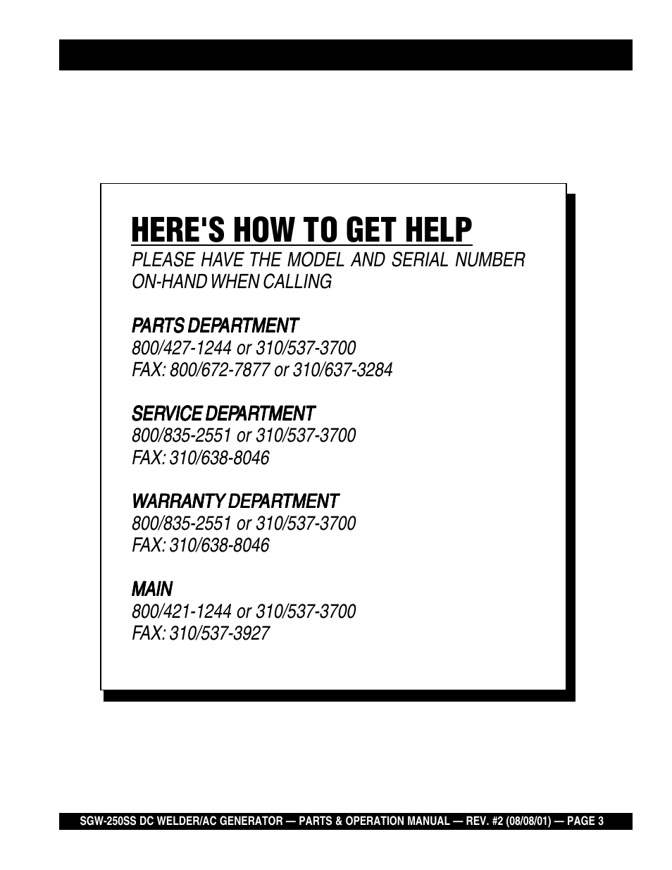 Here's how to get help | Multiquip MQ Power Whisperweld DC Welder/AC Generator SGW-250SS User Manual | Page 3 / 92
