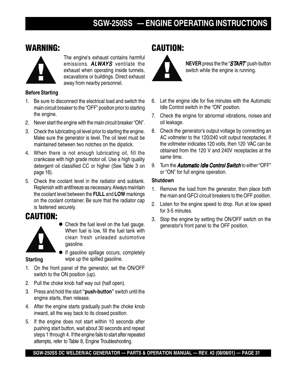 Sgw-250ss — engine operating instructions warning, Caution | Multiquip MQ Power Whisperweld DC Welder/AC Generator SGW-250SS User Manual | Page 31 / 92