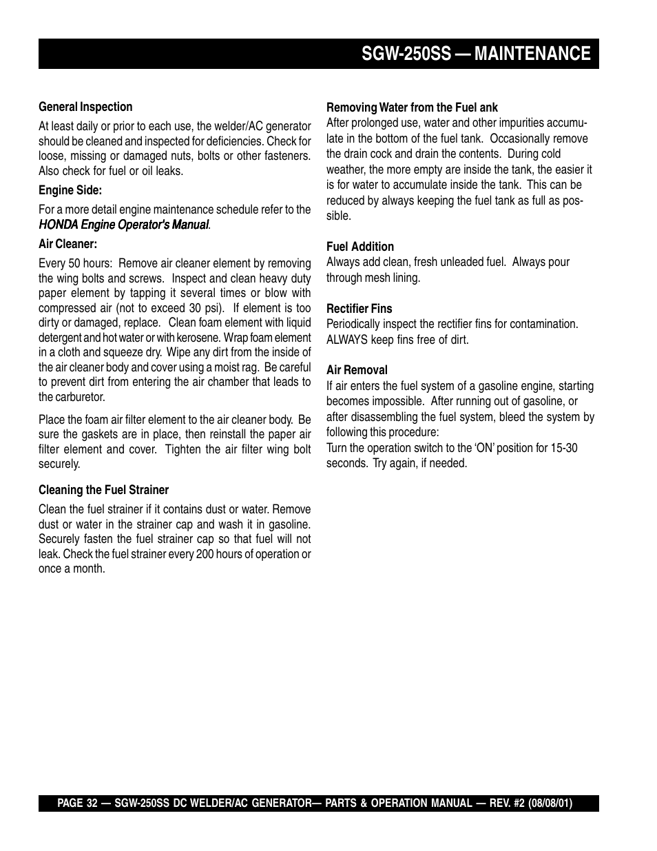 Sgw-250ss — maintenance | Multiquip MQ Power Whisperweld DC Welder/AC Generator SGW-250SS User Manual | Page 32 / 92