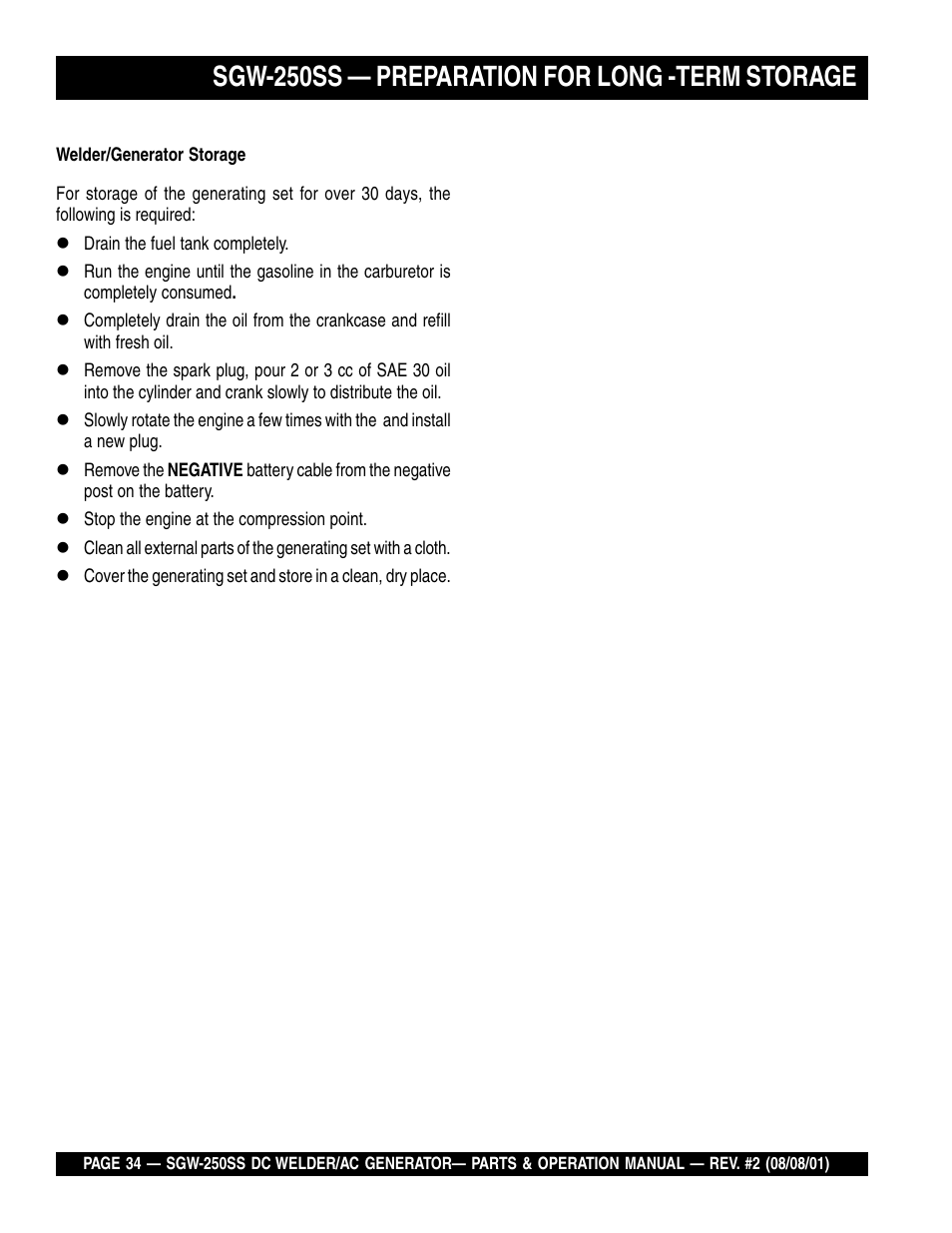 Sgw-250ss — preparation for long -term storage | Multiquip MQ Power Whisperweld DC Welder/AC Generator SGW-250SS User Manual | Page 34 / 92