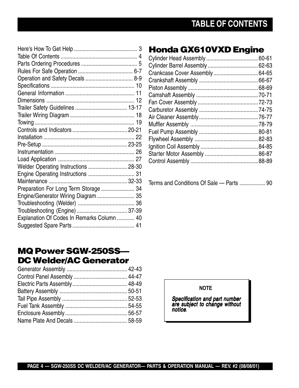 Multiquip MQ Power Whisperweld DC Welder/AC Generator SGW-250SS User Manual | Page 4 / 92
