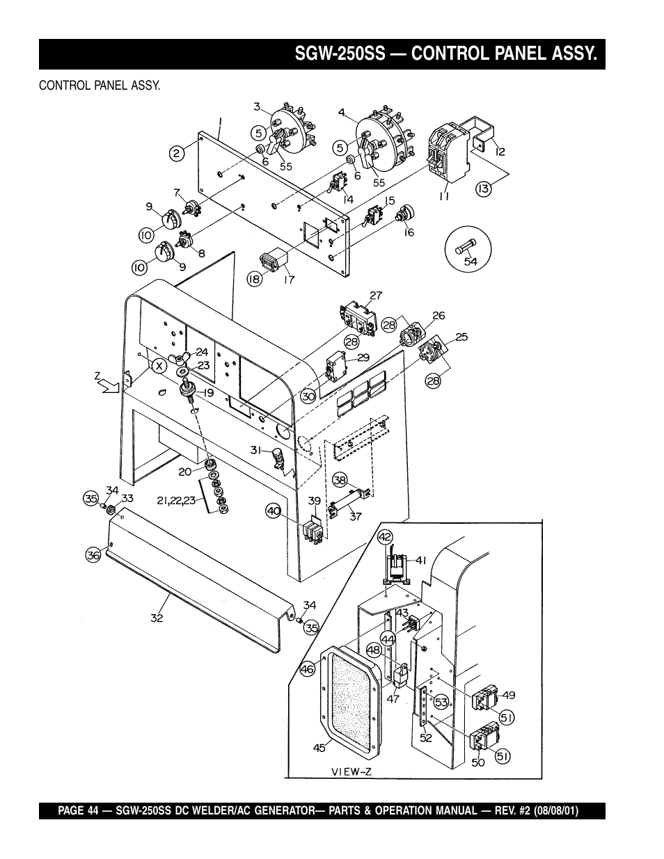 Sgw-250ss — control panel assy | Multiquip MQ Power Whisperweld DC Welder/AC Generator SGW-250SS User Manual | Page 44 / 92