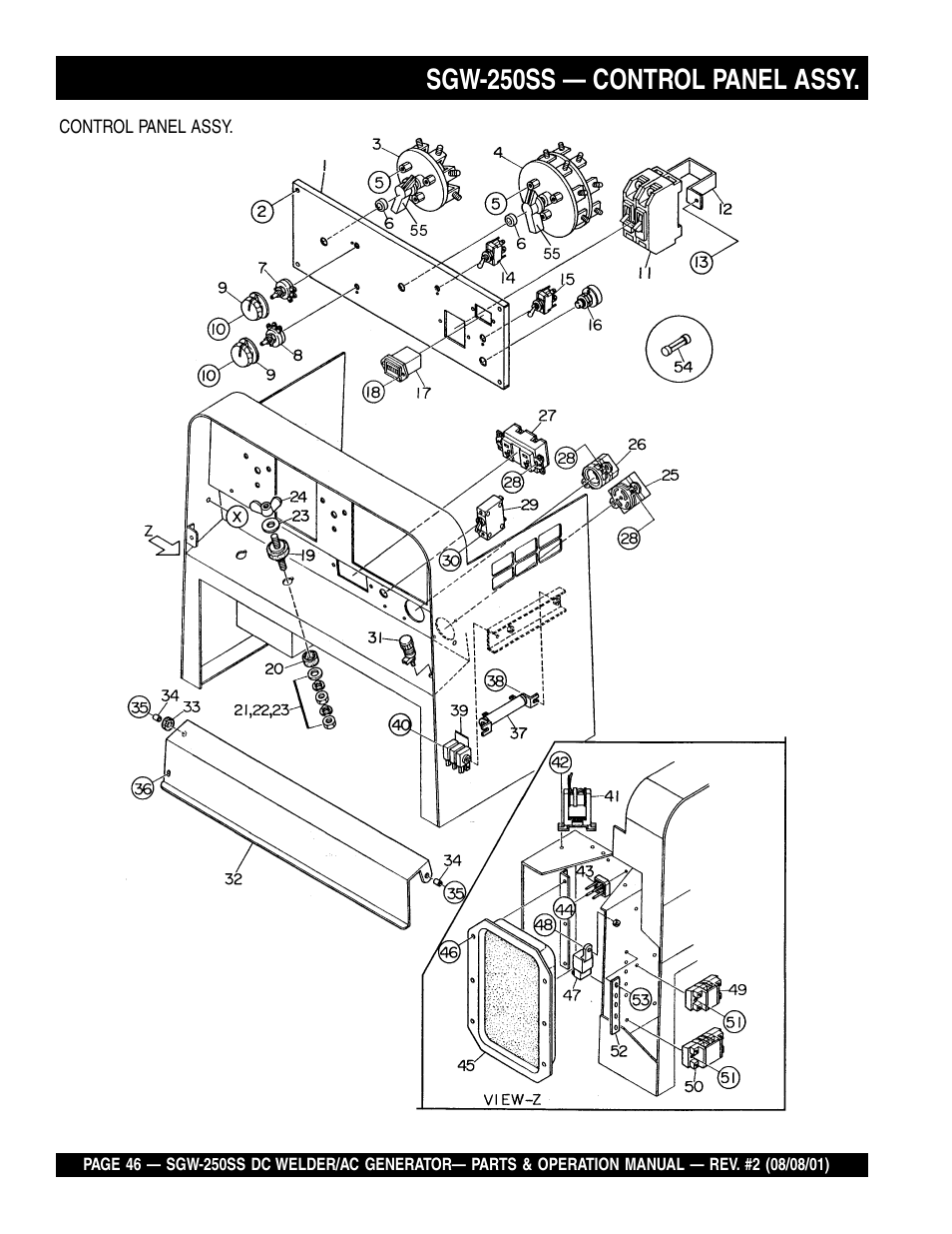 Sgw-250ss — control panel assy | Multiquip MQ Power Whisperweld DC Welder/AC Generator SGW-250SS User Manual | Page 46 / 92