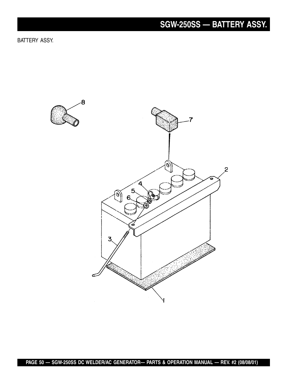 Sgw-250ss — battery assy | Multiquip MQ Power Whisperweld DC Welder/AC Generator SGW-250SS User Manual | Page 50 / 92