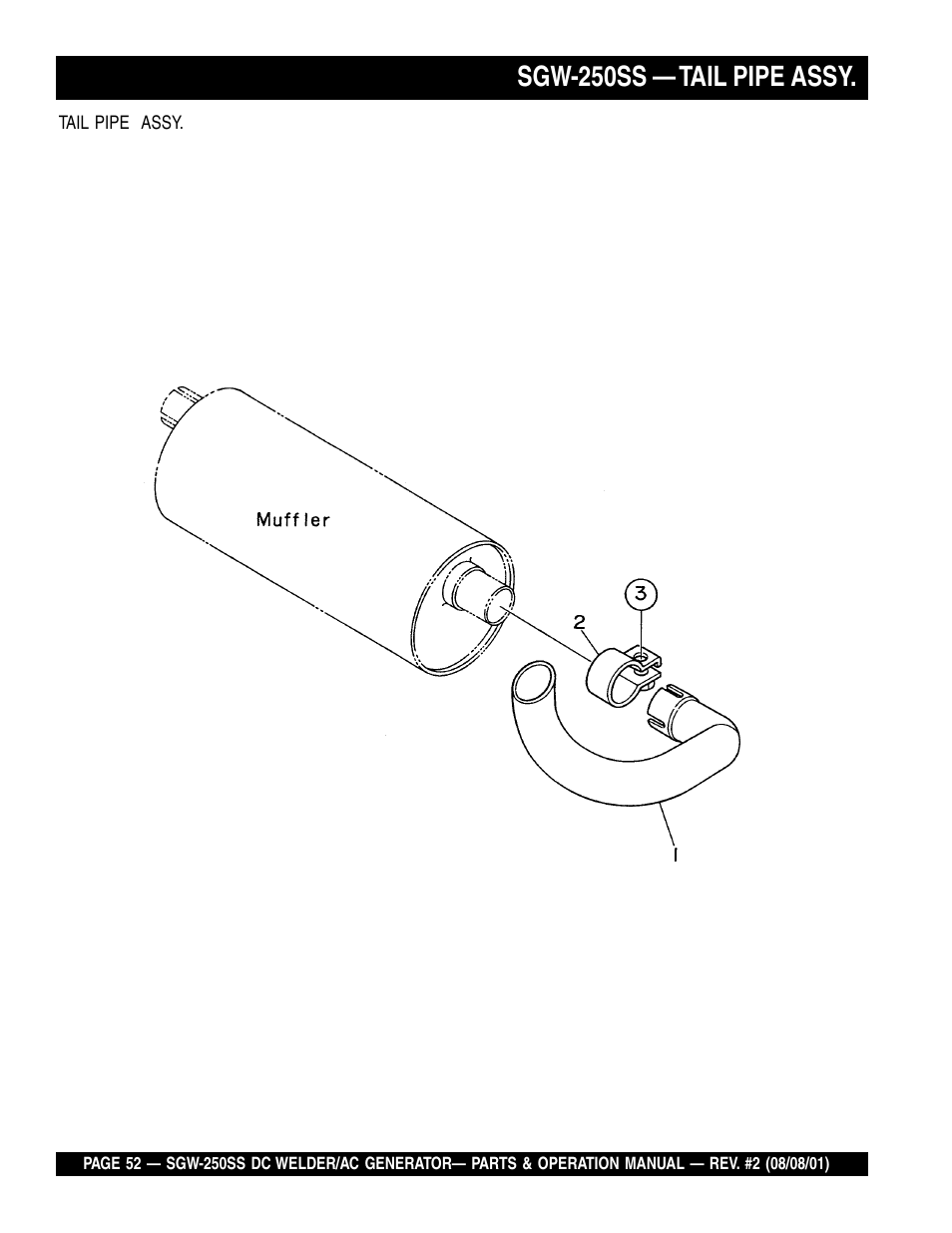 Sgw-250ss — tail pipe assy | Multiquip MQ Power Whisperweld DC Welder/AC Generator SGW-250SS User Manual | Page 52 / 92