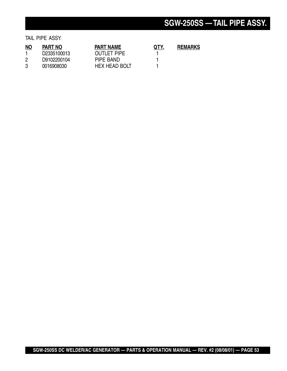 Sgw-250ss — tail pipe assy | Multiquip MQ Power Whisperweld DC Welder/AC Generator SGW-250SS User Manual | Page 53 / 92