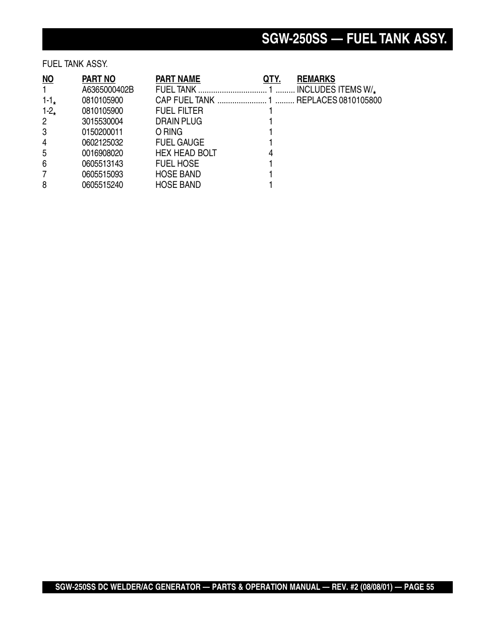 Sgw-250ss — fuel tank assy | Multiquip MQ Power Whisperweld DC Welder/AC Generator SGW-250SS User Manual | Page 55 / 92