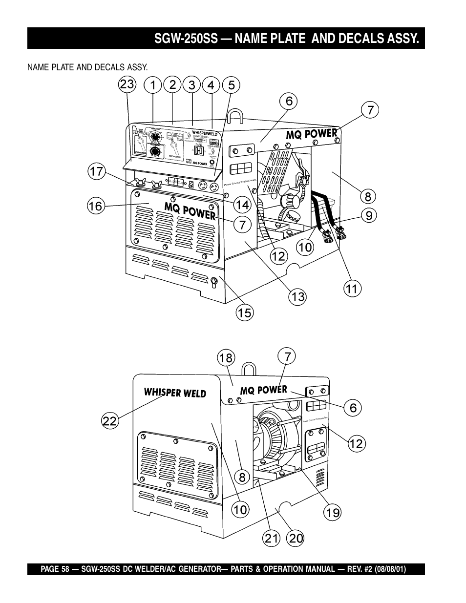 Sgw-250ss — name plate and decals assy | Multiquip MQ Power Whisperweld DC Welder/AC Generator SGW-250SS User Manual | Page 58 / 92