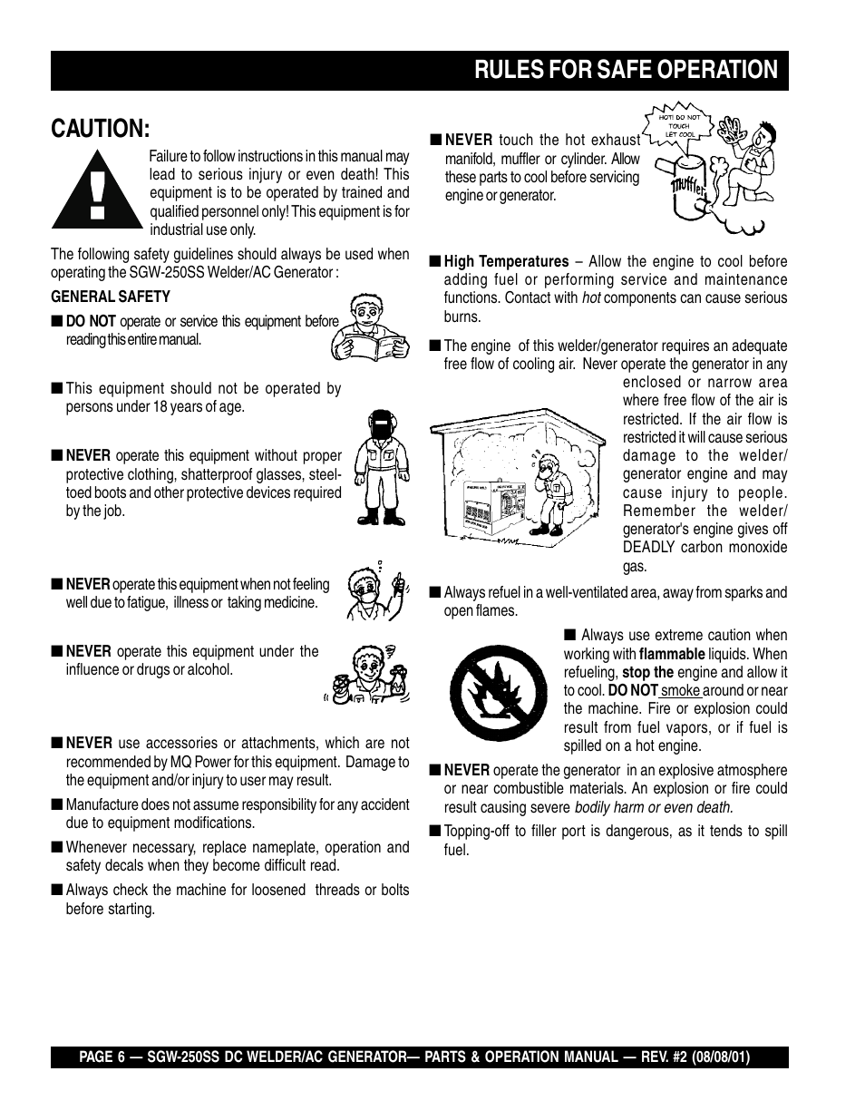 Rules for safe operation caution | Multiquip MQ Power Whisperweld DC Welder/AC Generator SGW-250SS User Manual | Page 6 / 92