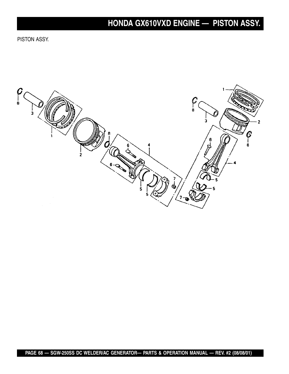 Honda gx610vxd engine — piston assy | Multiquip MQ Power Whisperweld DC Welder/AC Generator SGW-250SS User Manual | Page 68 / 92