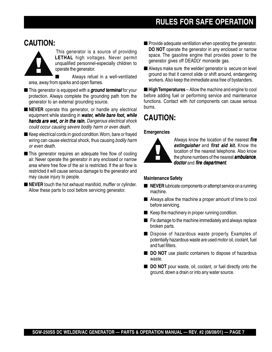 Caution, Rules for safe operation | Multiquip MQ Power Whisperweld DC Welder/AC Generator SGW-250SS User Manual | Page 7 / 92