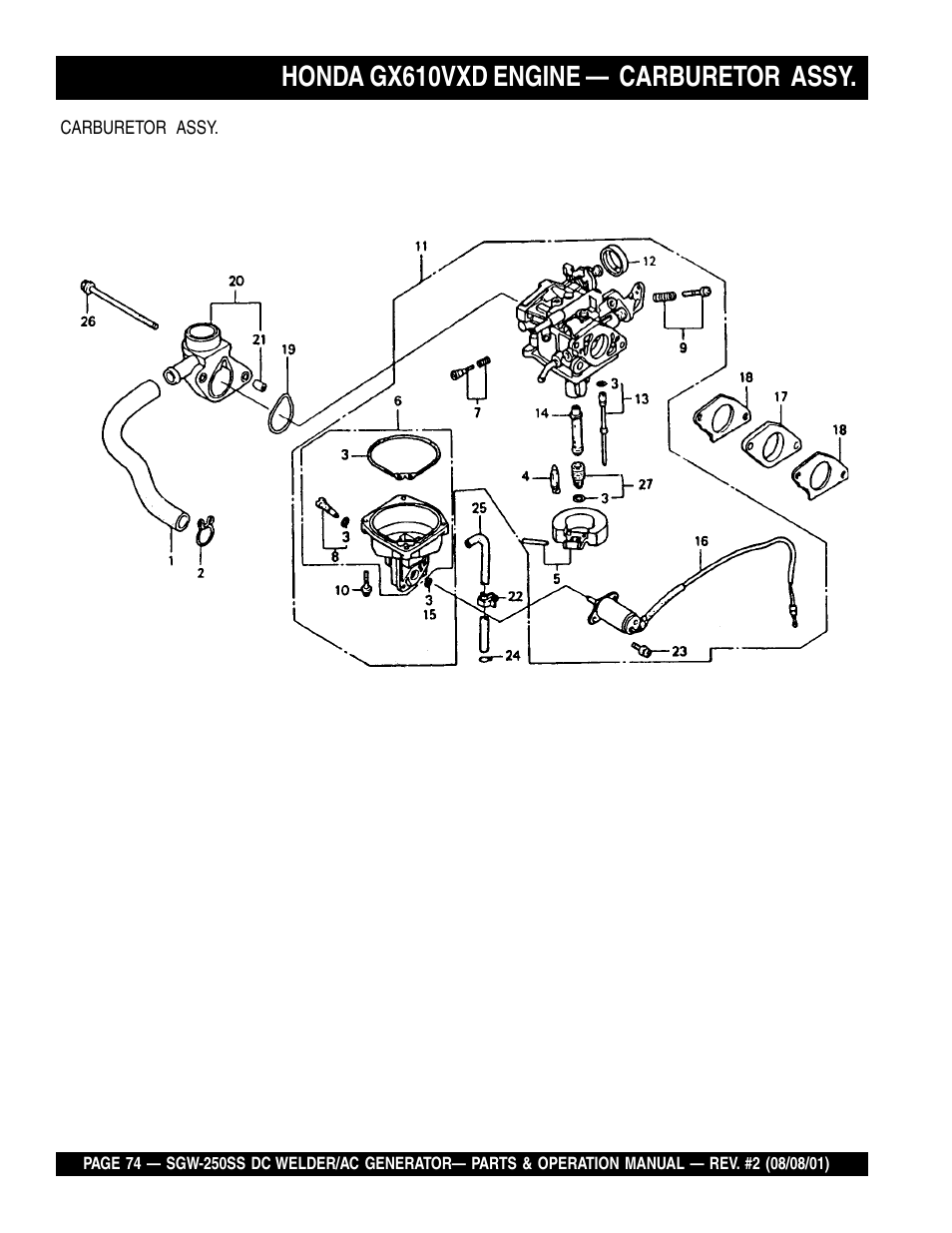 Honda gx610vxd engine — carburetor assy | Multiquip MQ Power Whisperweld DC Welder/AC Generator SGW-250SS User Manual | Page 74 / 92