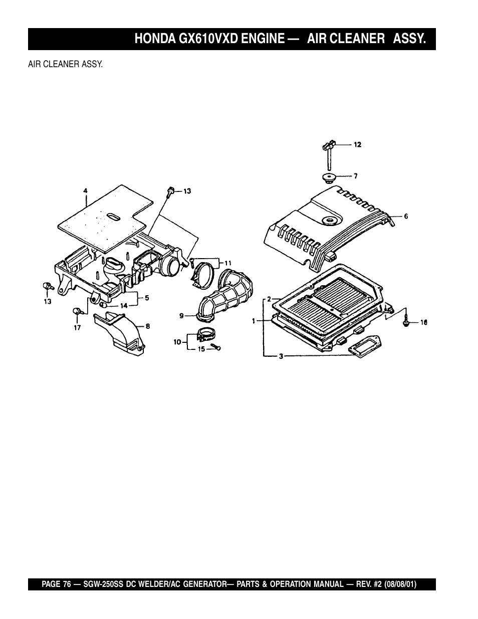 Honda gx610vxd engine — air cleaner assy | Multiquip MQ Power Whisperweld DC Welder/AC Generator SGW-250SS User Manual | Page 76 / 92