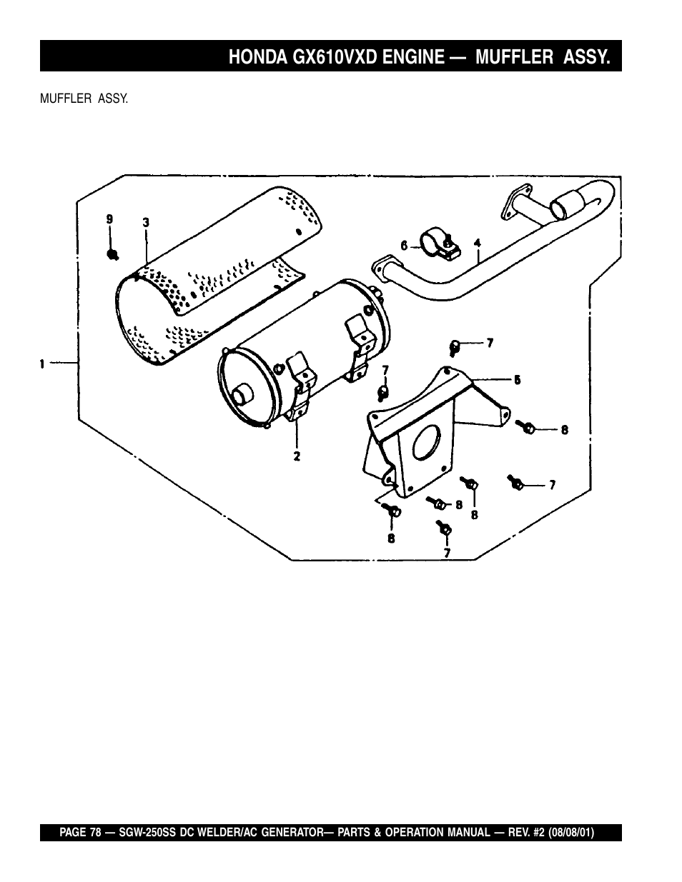 Honda gx610vxd engine — muffler assy | Multiquip MQ Power Whisperweld DC Welder/AC Generator SGW-250SS User Manual | Page 78 / 92