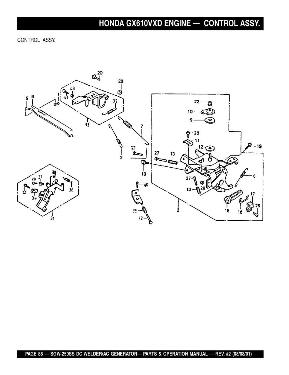 Honda gx610vxd engine — control assy | Multiquip MQ Power Whisperweld DC Welder/AC Generator SGW-250SS User Manual | Page 88 / 92