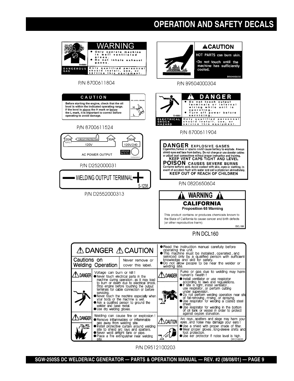 Operation and safety decals | Multiquip MQ Power Whisperweld DC Welder/AC Generator SGW-250SS User Manual | Page 9 / 92